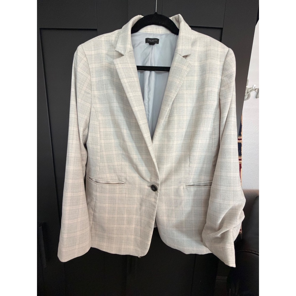 Ann Taylor Factory Womens Gray Plaid Single Button Blazer Jacket Size 12